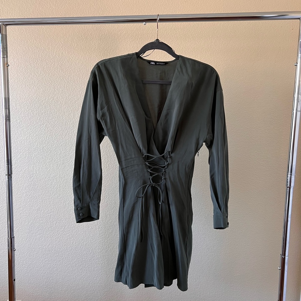 Dark Green Cinched Waist Low Cut Zara Dress